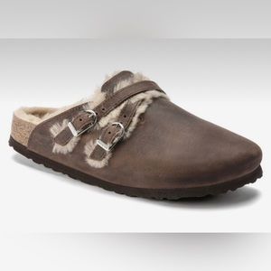 Birkenstock. Blair Shearling Oiled Leather, Brown Lined Clog, 41